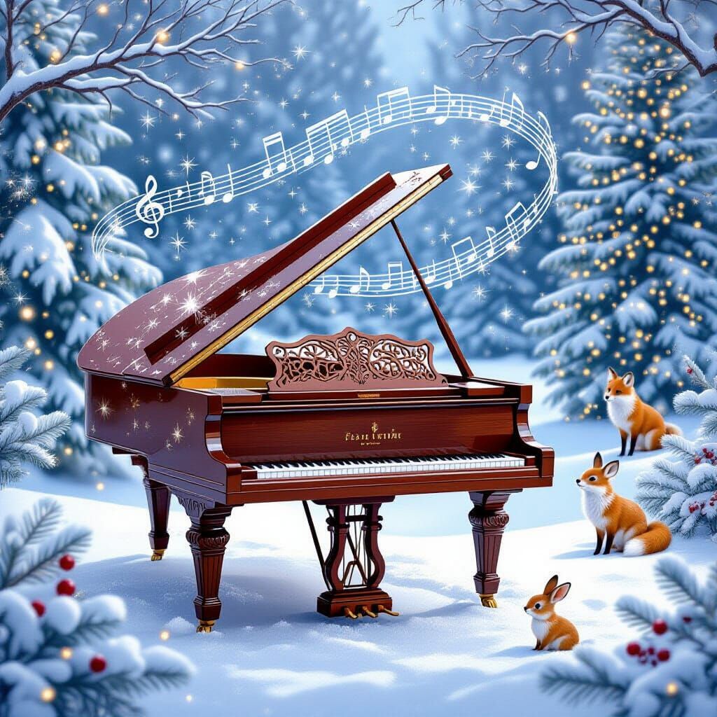 Magical Grand Piano in a Winter Wonderland Forest