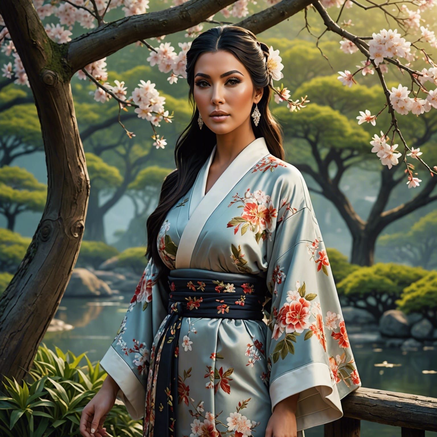 Elegant Kimono Portrait in Serene Natural Setting