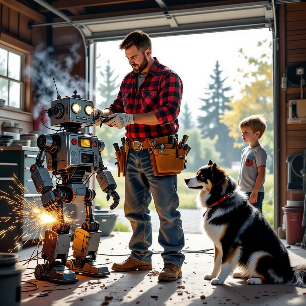 Dad Fixes Robot: Dark Fantasy Matte Painting