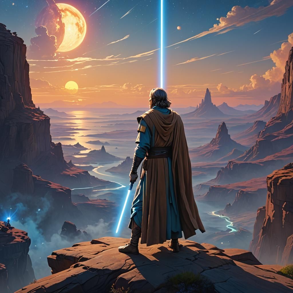 Jedi Master Overlooking Distant Galaxy in Digital Art