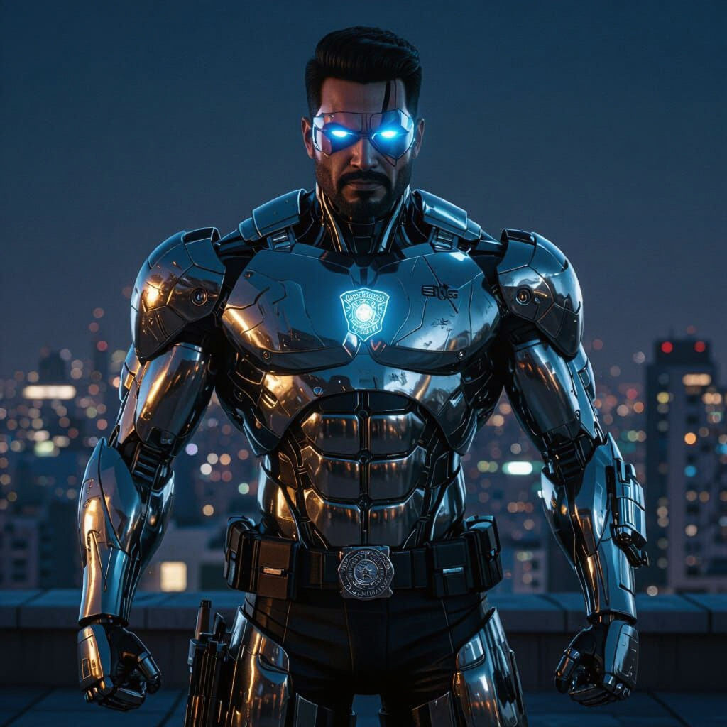 Cyborg Superhero on Rooftop in Cyberpunk Comic Style