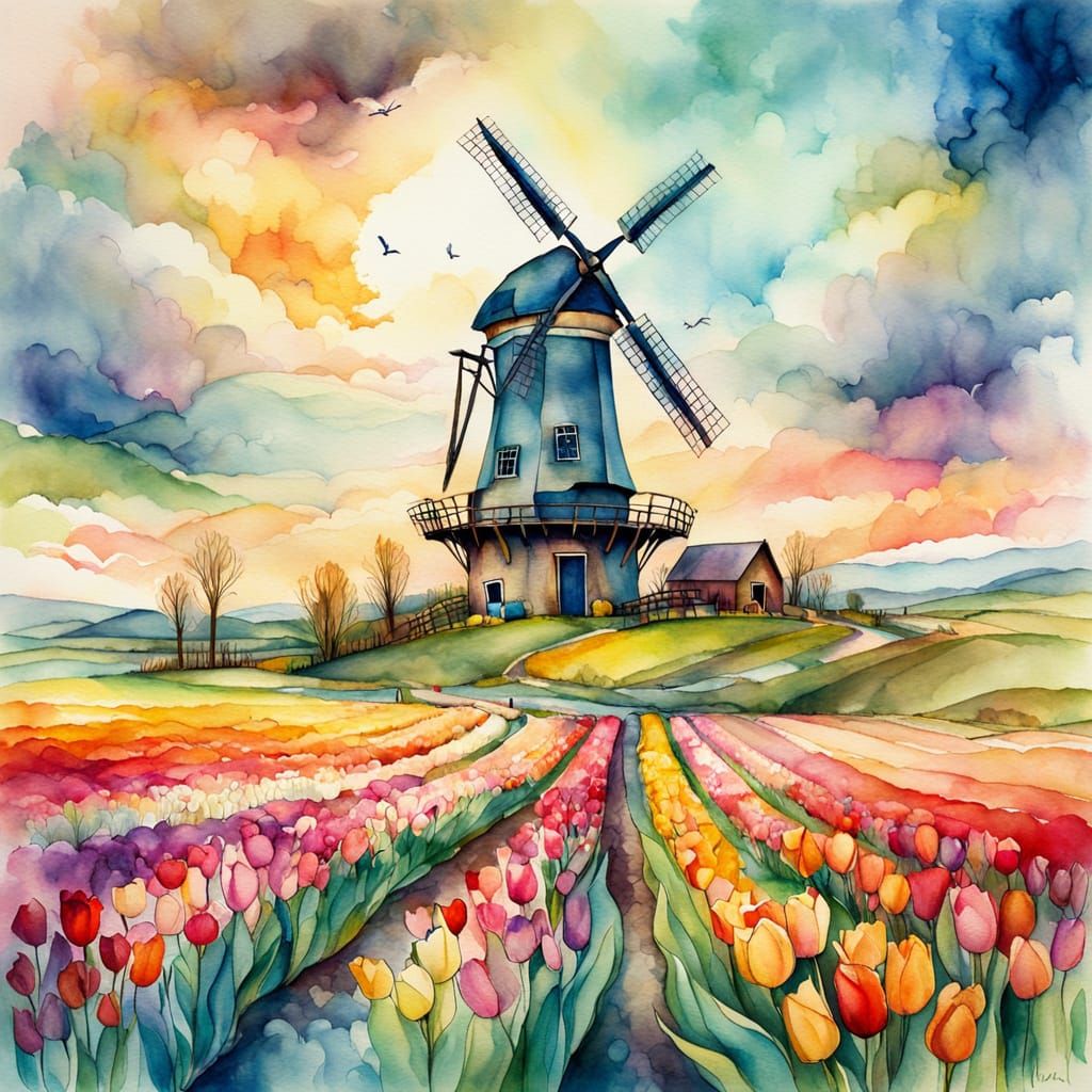 Windmill in Tulip Fields: Watercolour Impression