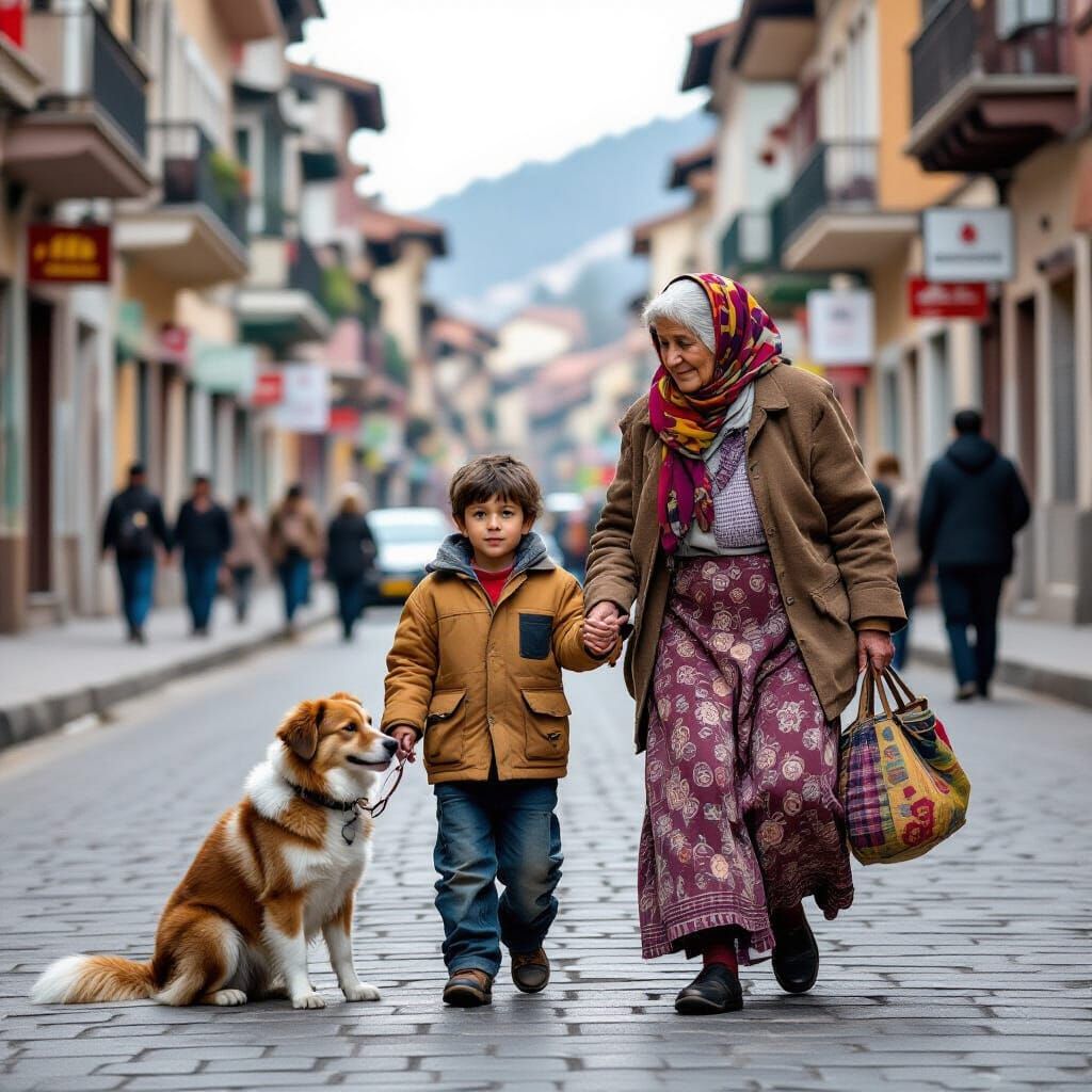 Touching Scene: Boy and Dog Help Elderly Woman