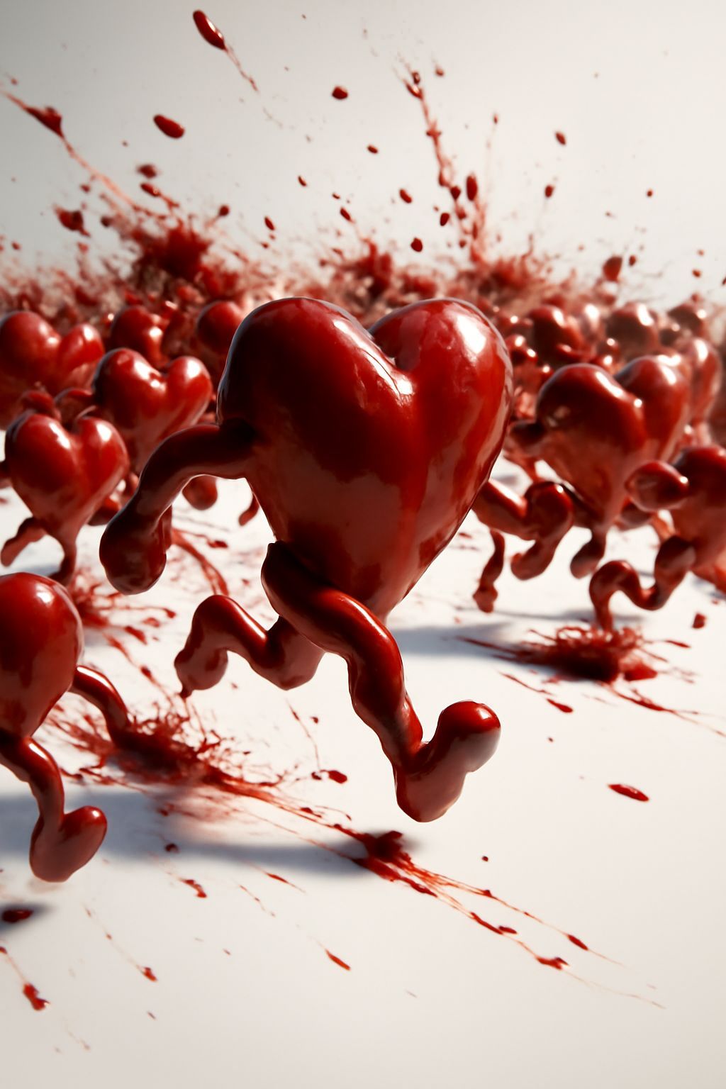 Abstract Hyperrealistic Heart Creatures Running on White