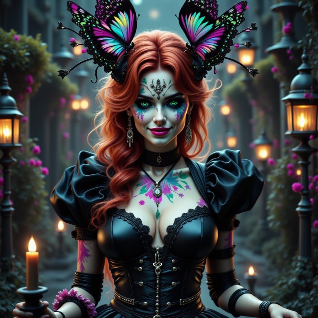 Fae Witch Laughing with Butterflies in Graffiti Art