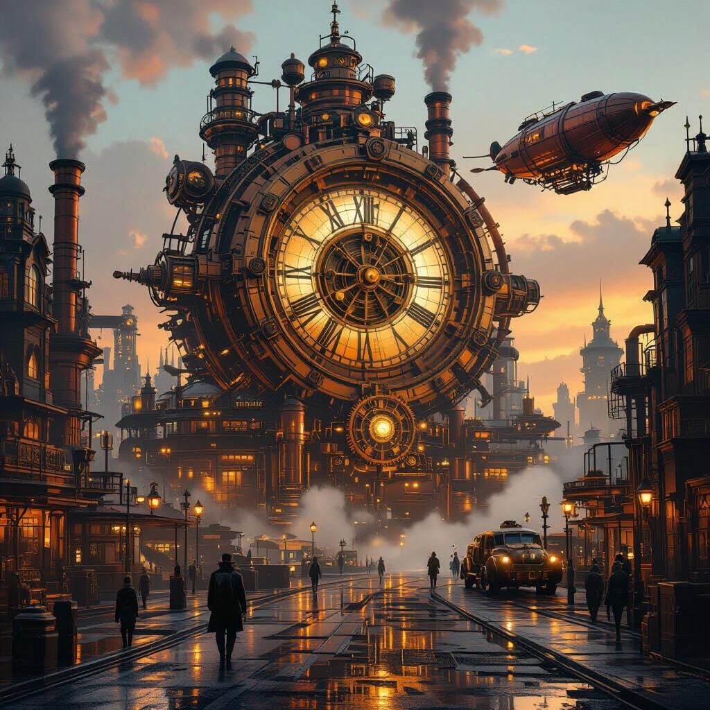 Steampunk Metropolis with Clockwork Gears and Amber Lighting