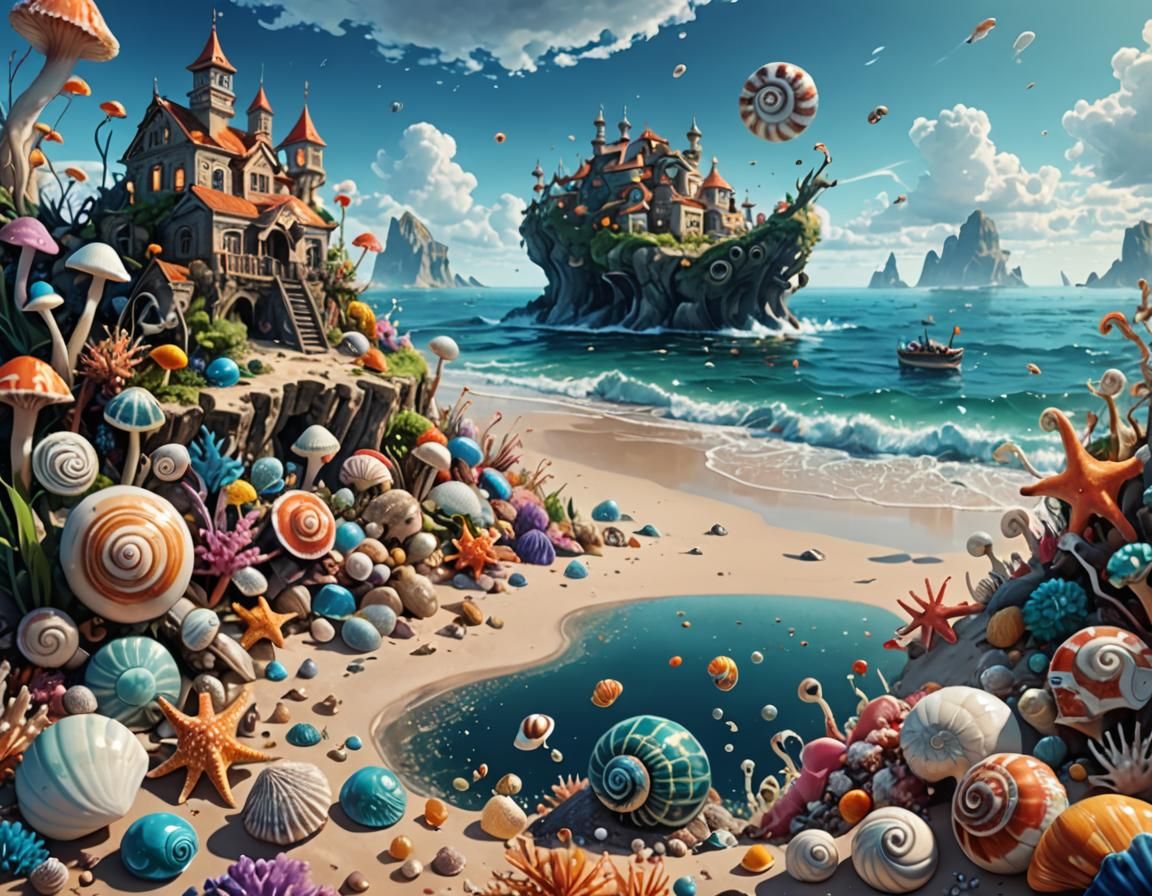 Surreal Shore Landscape with Exotic Sea Creatures