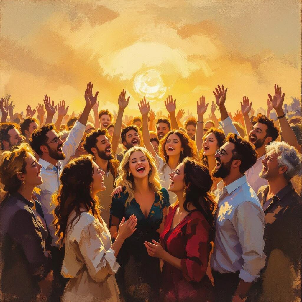 Community Singing Together in Golden Hour Glow, Painterly St...