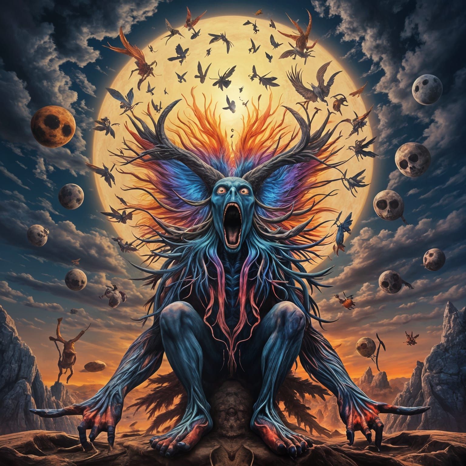 Mutant Man with Fiery Eyes in Fractal Dreamscape