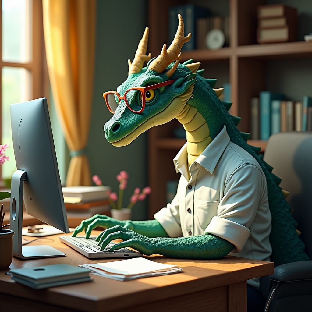 Dragon Working From Home in Rockwell Style