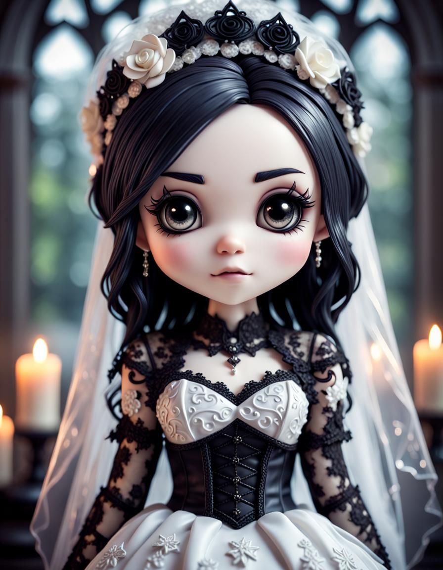 Cheerful Chibi Goth Bride with Intricate Details