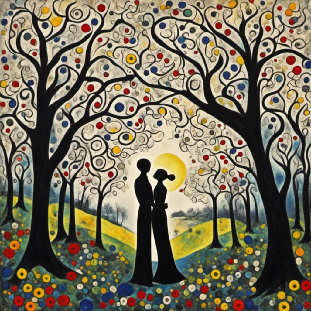 Couple in Dogwood Park: Miro and Klimt Inspired