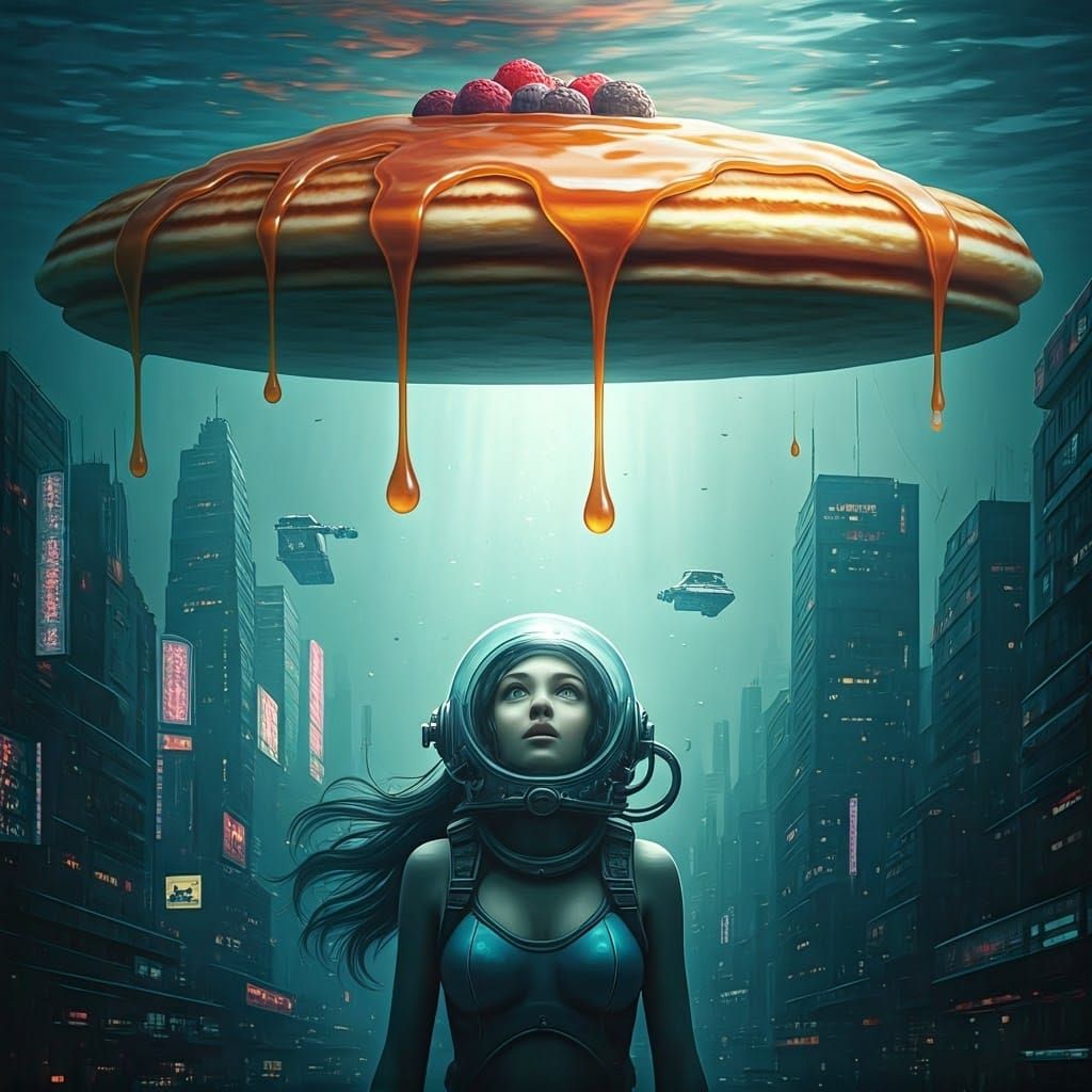 Underwater Cyberpunk City Dominated by Giant Pancake
