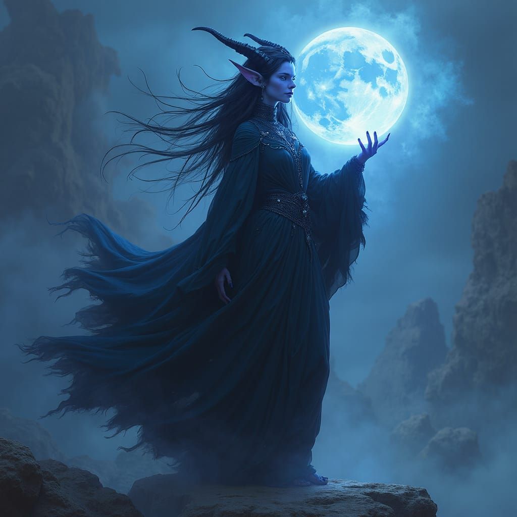 Blue Tiefling Sorceress with Moon Rock in Digital Painting S...