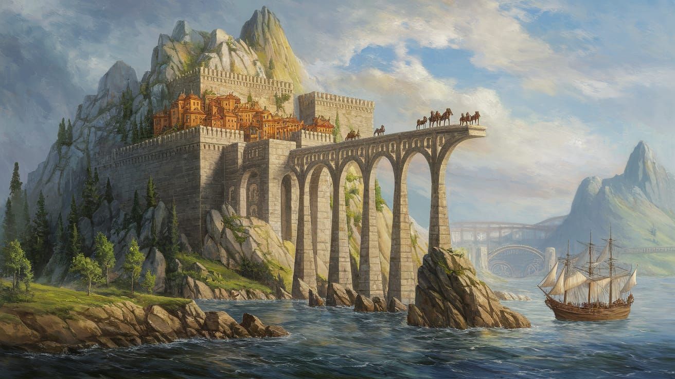 Medieval City Fantasy Landscape Painting on Mountain