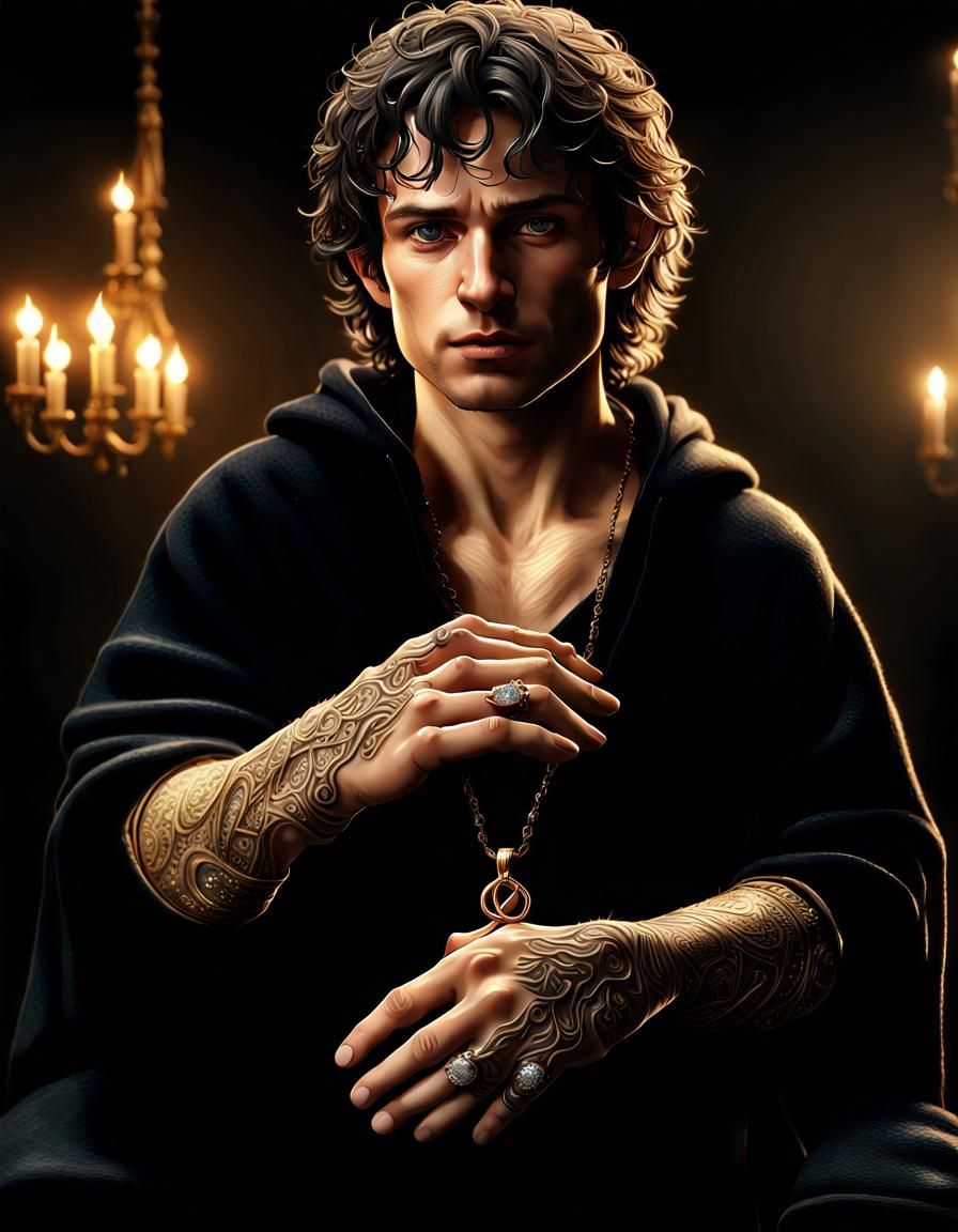 Frodo Baggins in Diamond Jewelry, Hyperrealistic Rendering