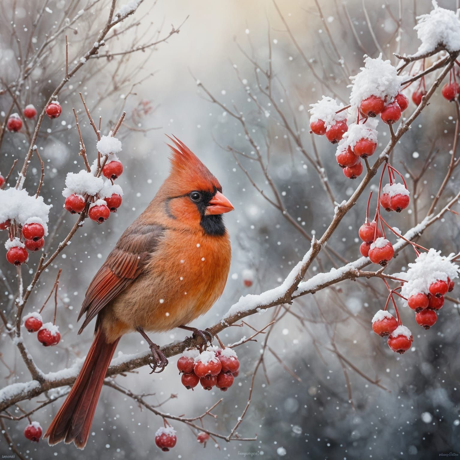 Northern Cardinal Among Snowy Berries in Painterly Style