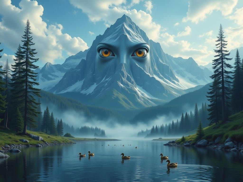 Mountain With Eyes Cries Waterfall Into Lake