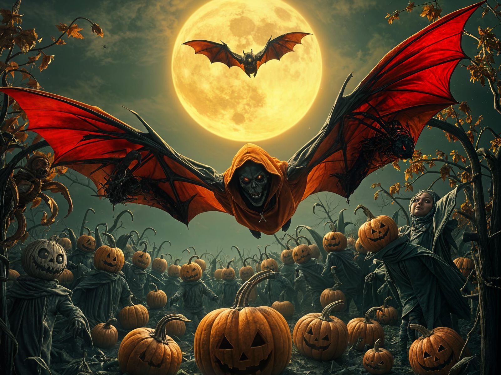Sinister Autumn Harvest Bat in Surreal Dark Fantasy