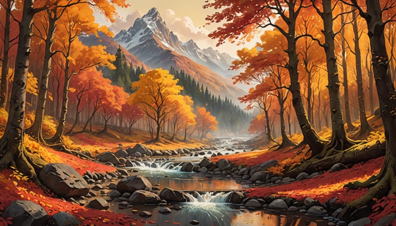 Enchanting Autumn Forest Panorama in Oil Painting Style
