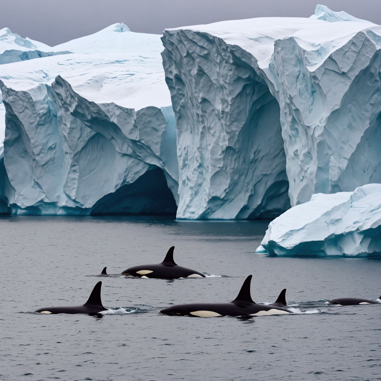 Orcas Swimming Under Iceberg: Arctic Marine Life
