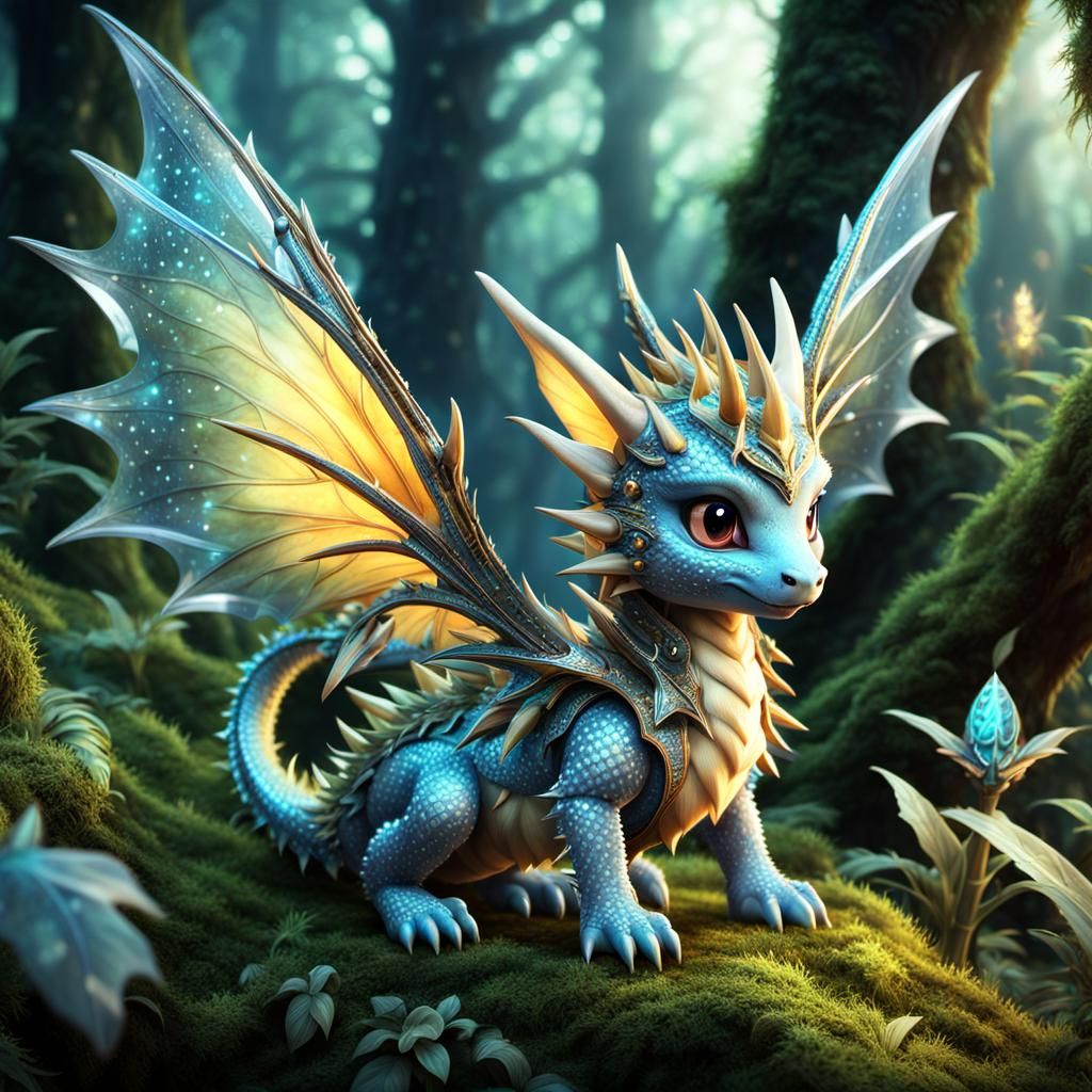 Baby Jewel Dragon in Mystical Forest, 3D Anime Art