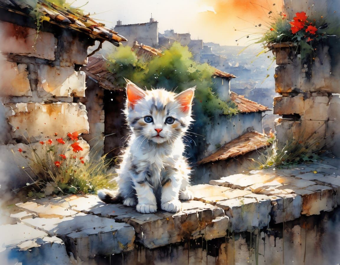 Whimsical Watercolor Kitten in Fairytale Setting