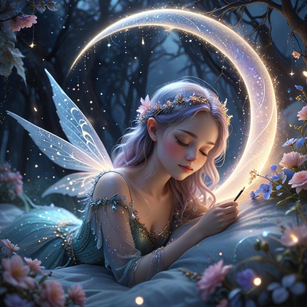 Whimsical Fairy Writes 'Good Night' Across a Glowing Crescen...