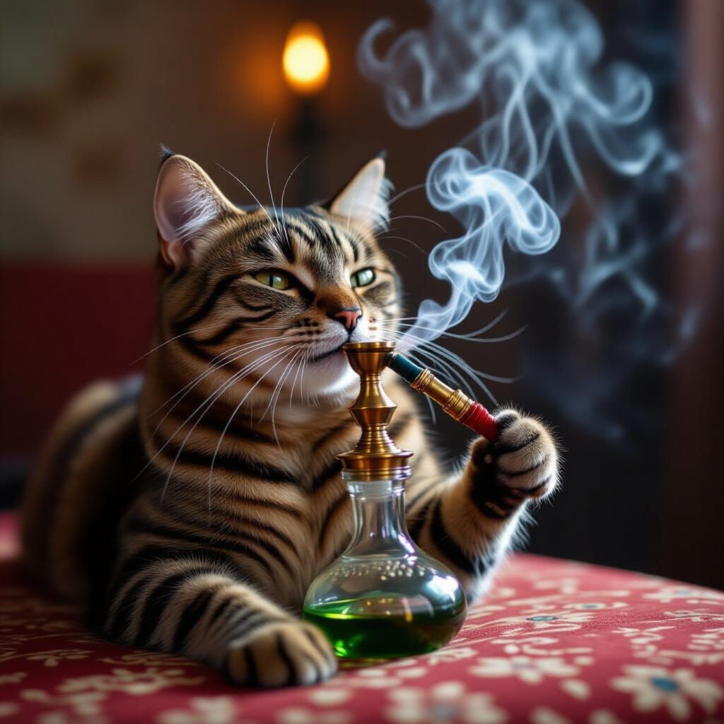 Cat Smoking Hookah in Dreamlike Setting