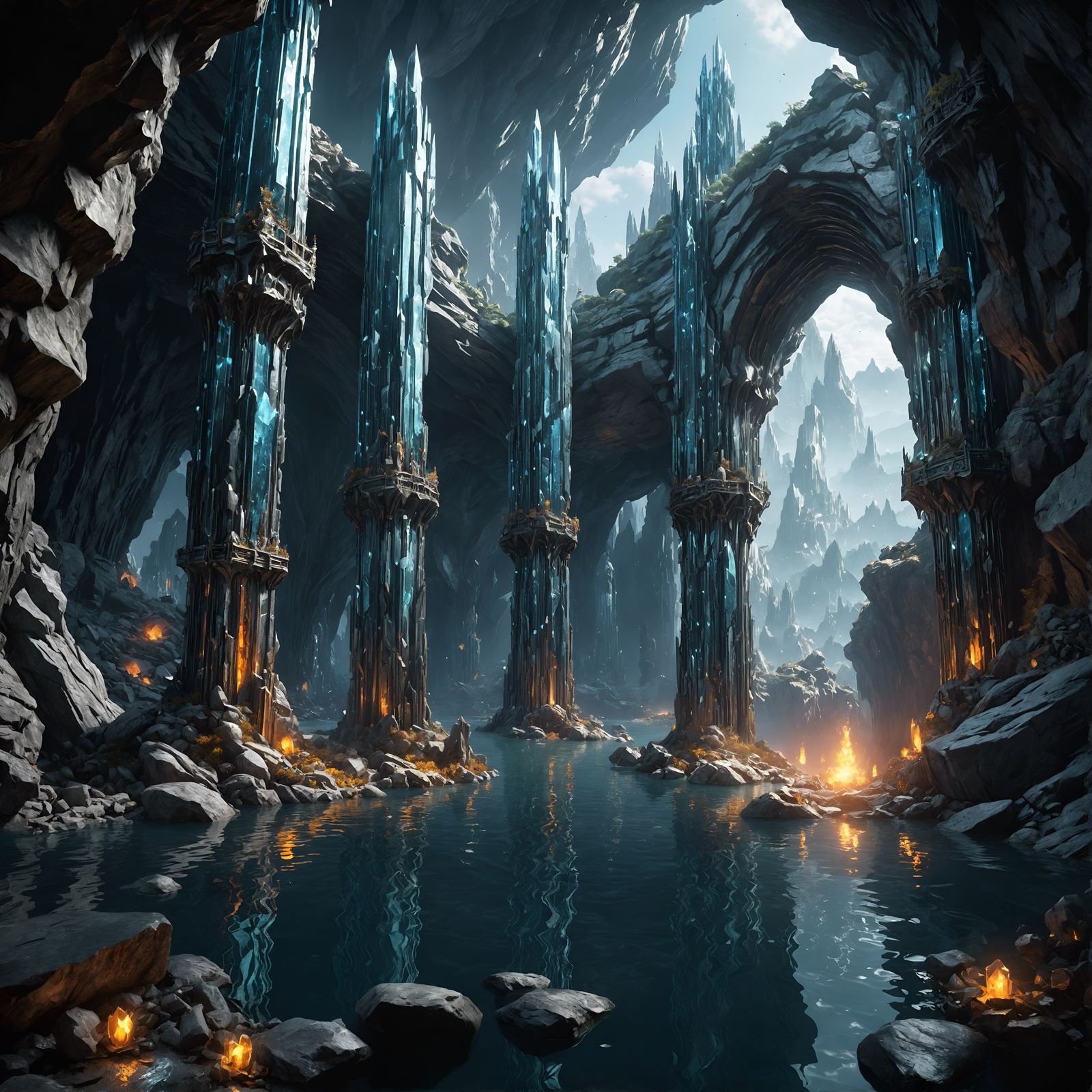 Platinum Cavern with Crystalline Pillars and Lake