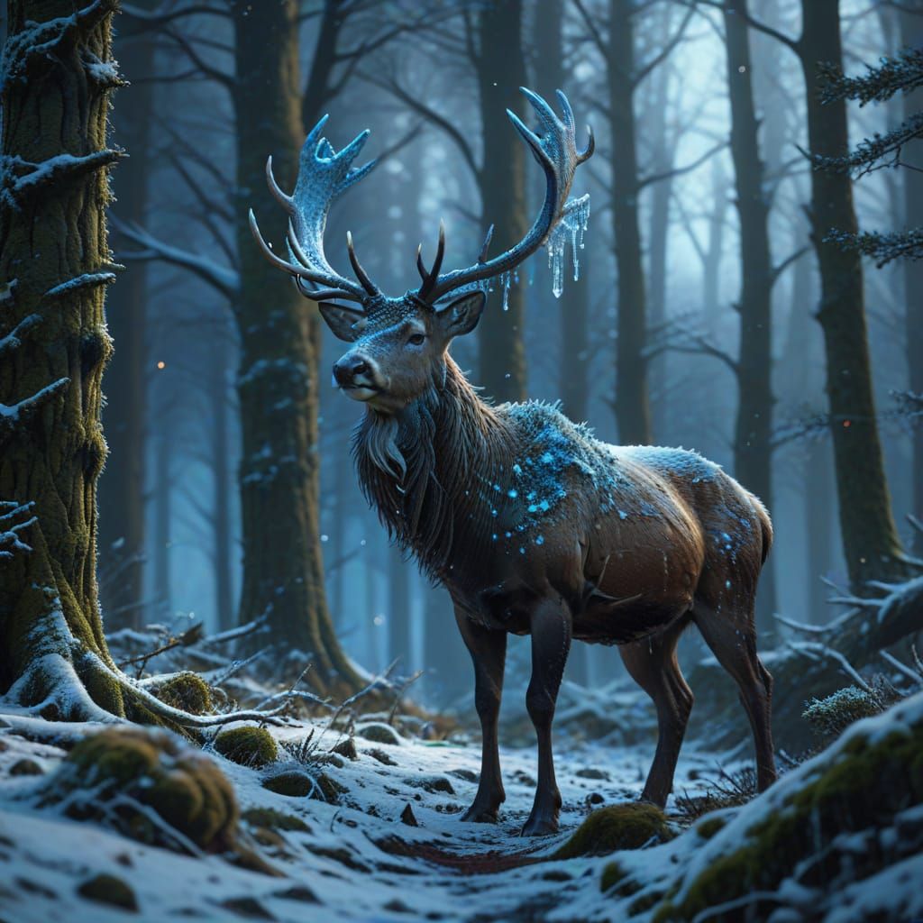 Majestic Stag in Snowy Forest with Ice Crown