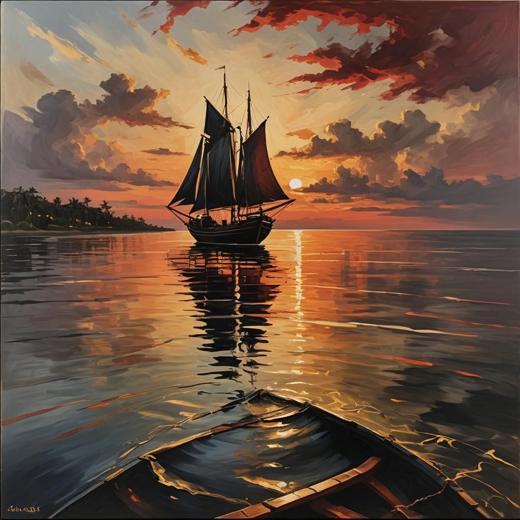 Baroque Marine Art: Boat at Sunset