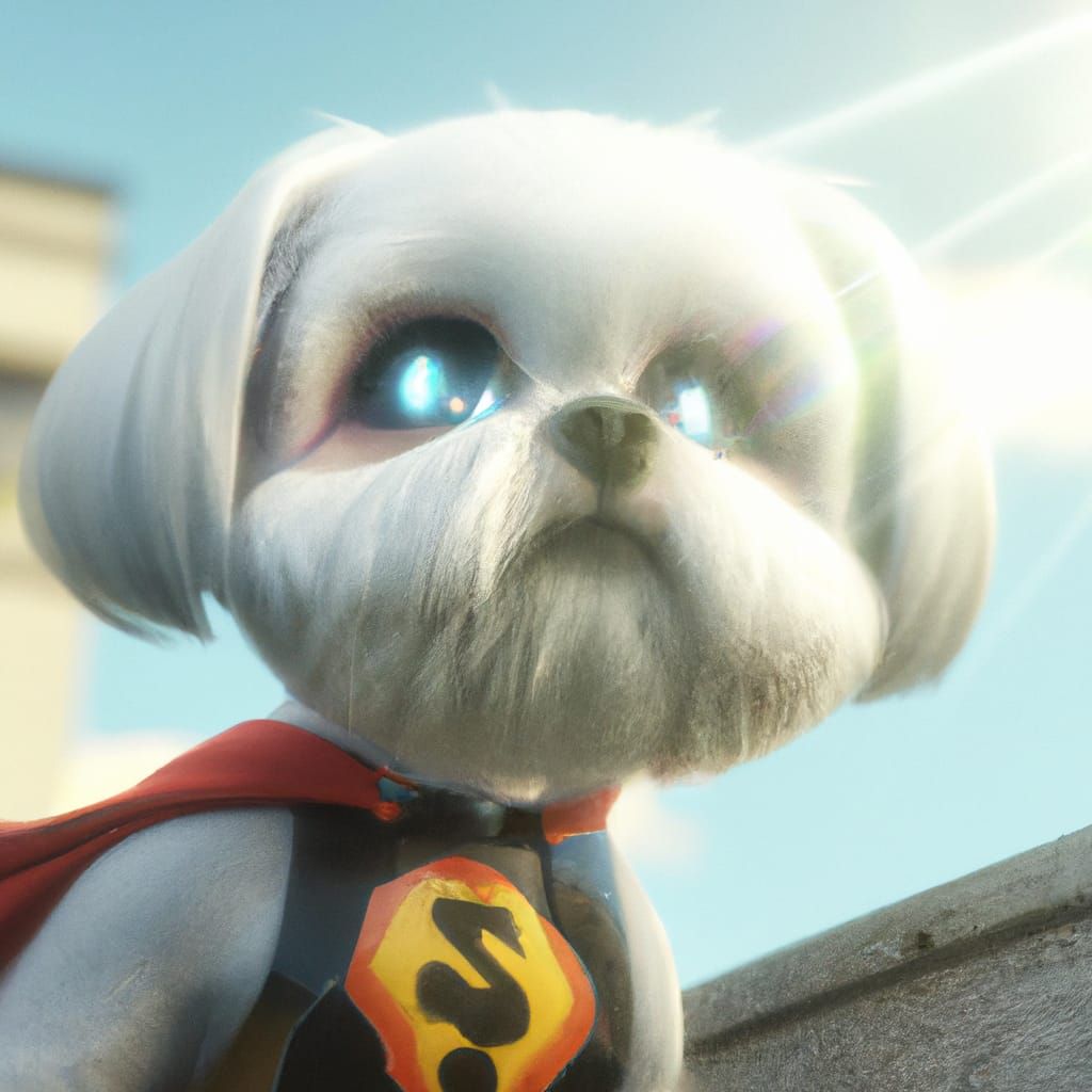 Maltese dog with adorable shining blue eyes with a superhero cape