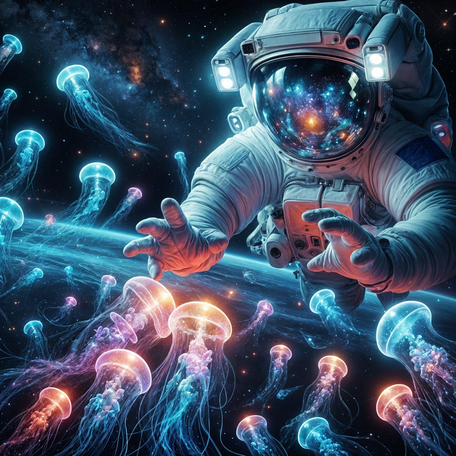 Astronaut and Bioluminescent Jellies in Space
