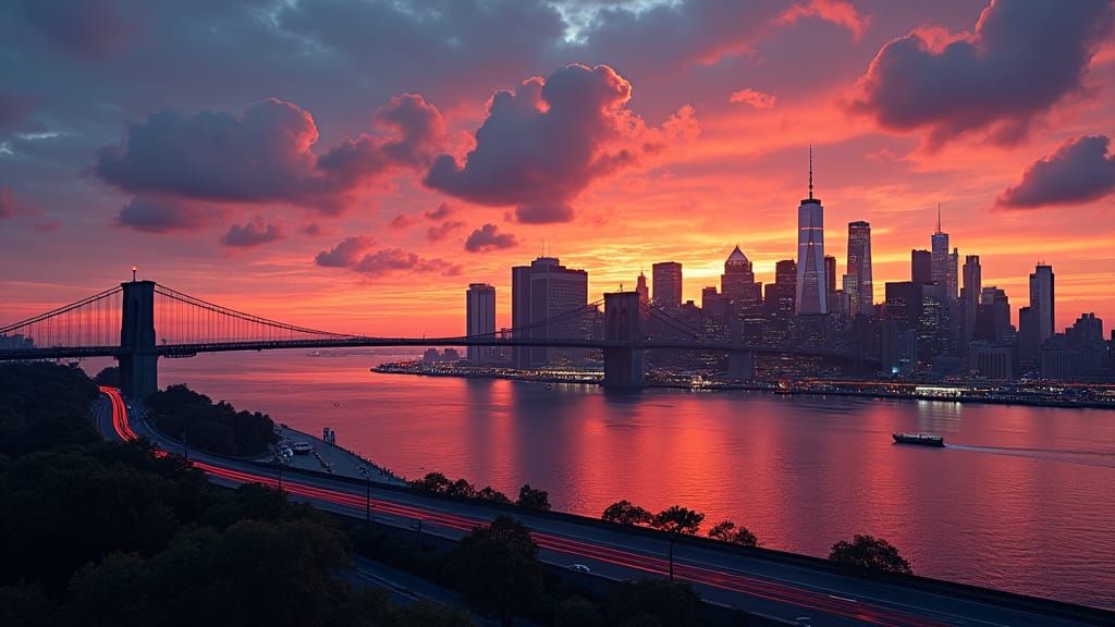 New York City Sunset Panoramic Hyperrealistic Splash Art
