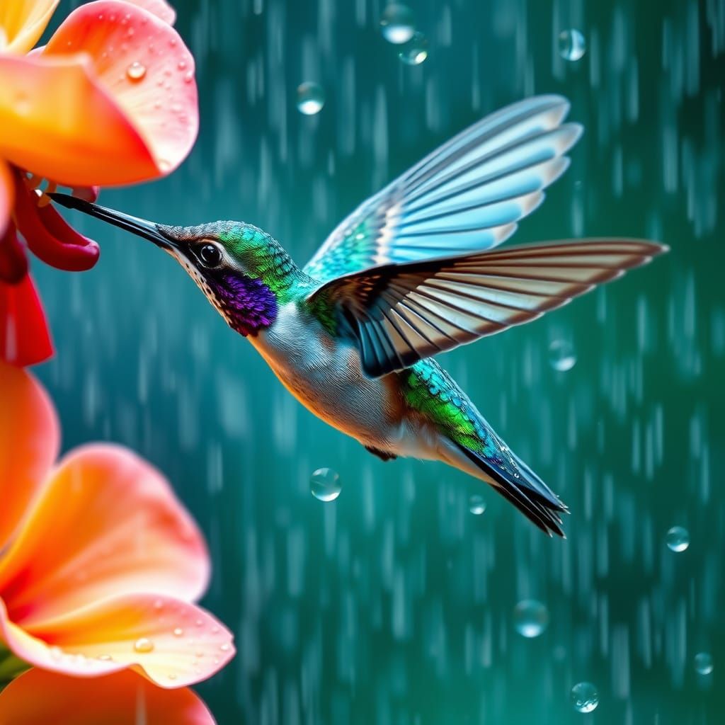 Iridescent Hummingbird in Turbulent Downpour