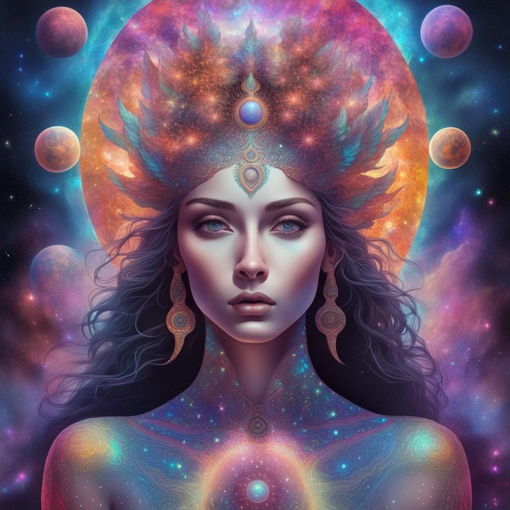 Cosmic Goddess in Holographic Astral Illustration
