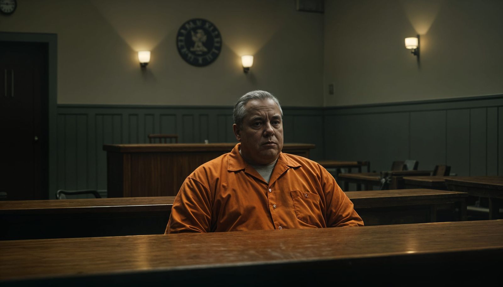 Defeated Man in Courtroom: A Somber Wide-Angle View