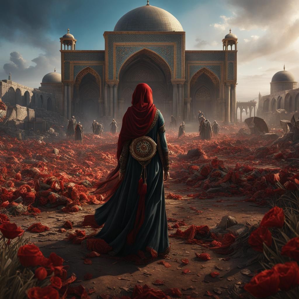 Palestinian Woman Surrounded by Loss, Detailed Digital Art