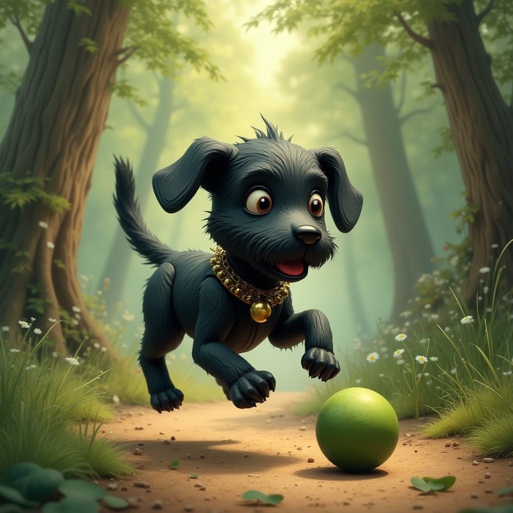 Whimsical Wooden Dog Plays in Forest