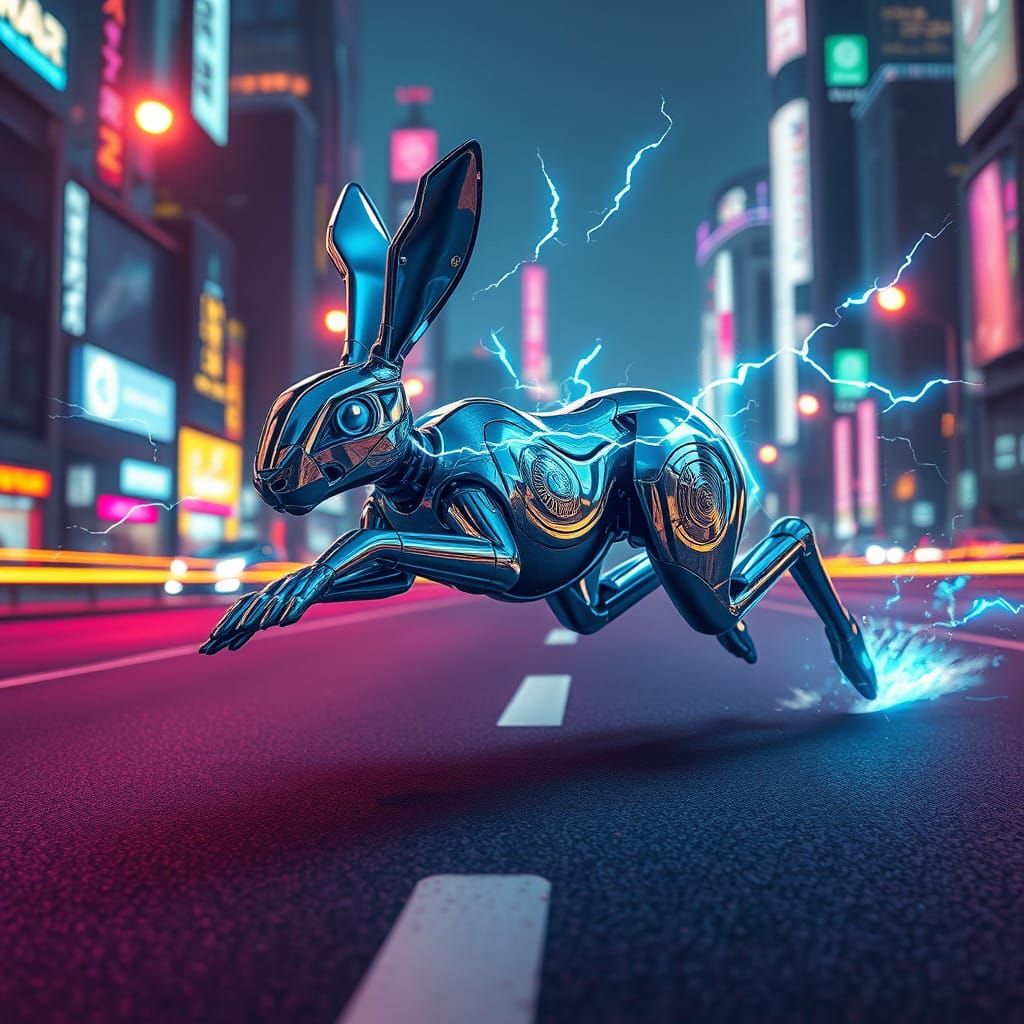 Cyberpunk Hare Unleashes Electric Speed in Neon City