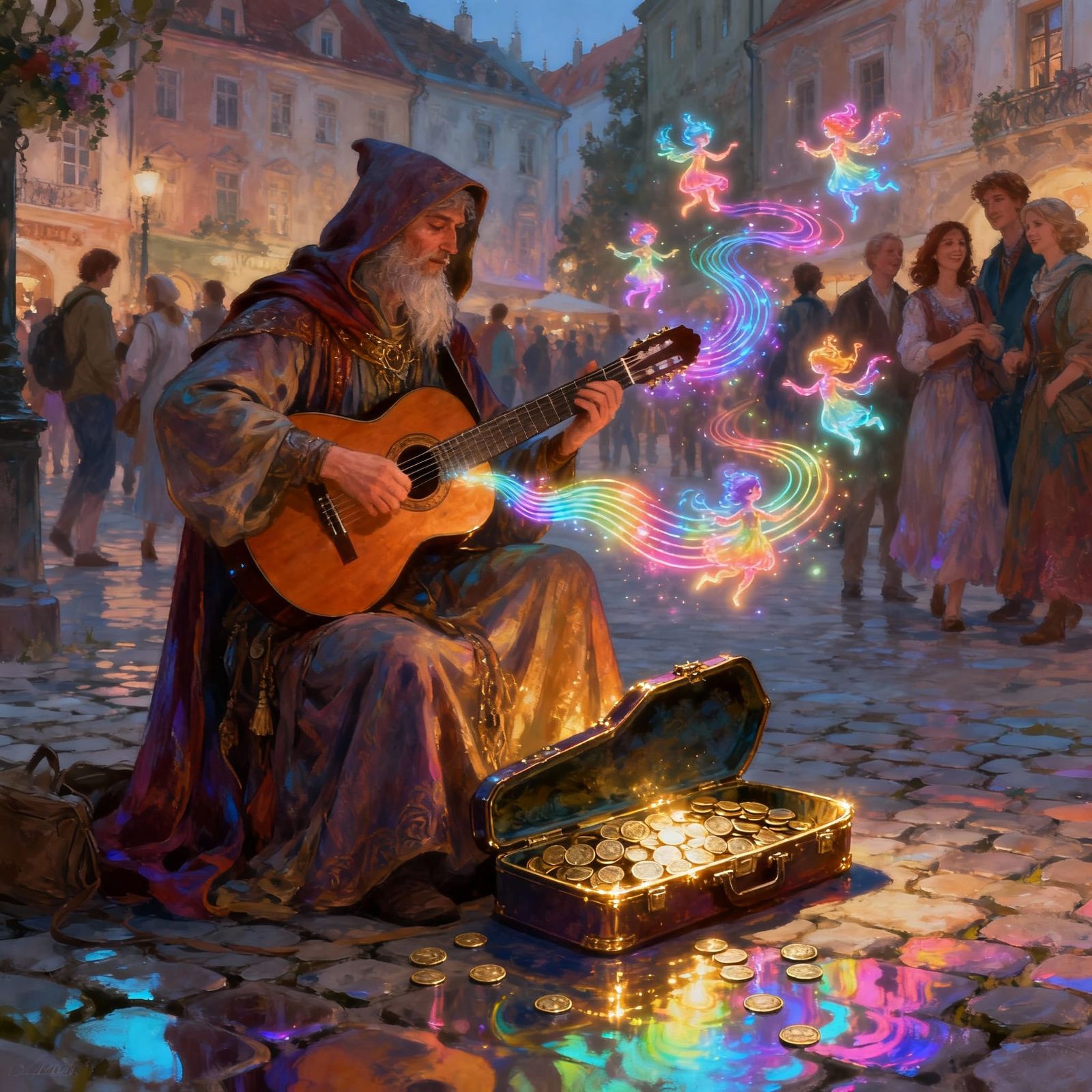 Mystical Musician Conjures Dancing Spirits in Town Square