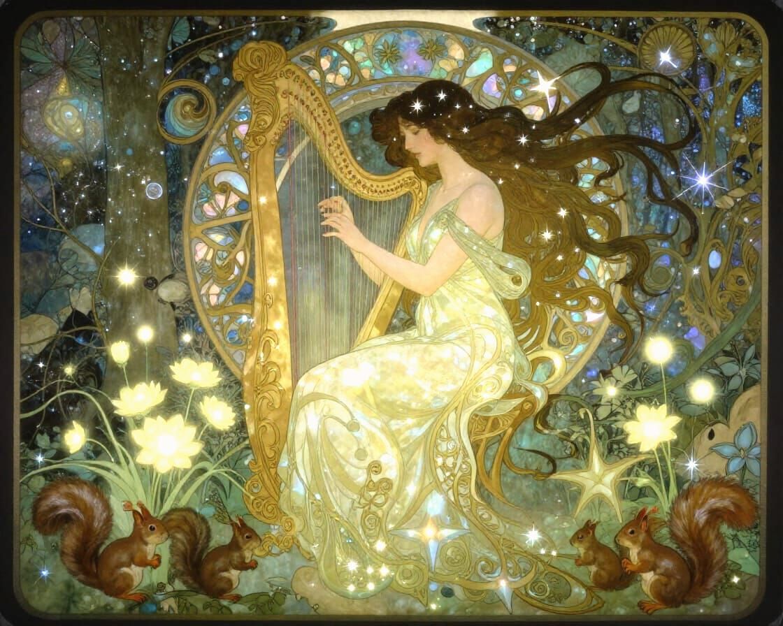 Mystical Musician in Enchanted Forest Grove