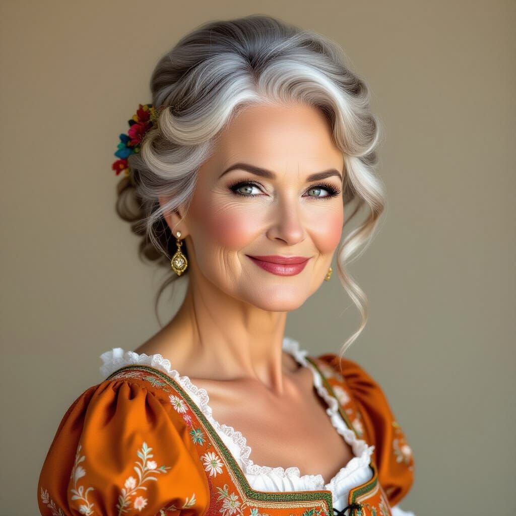 Elegant Older Woman in Ornate Dirndl Dress Smiling