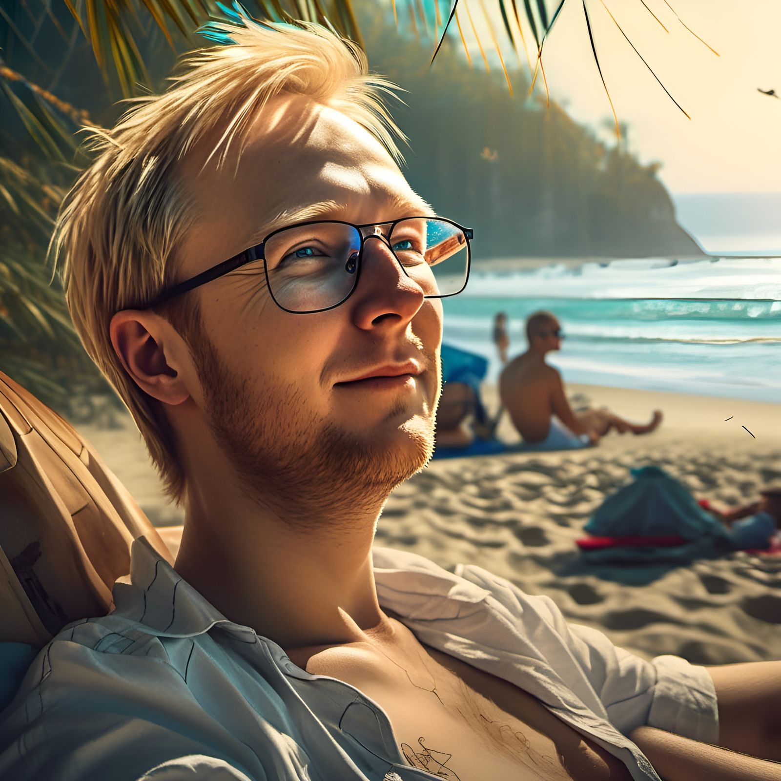 Handsome Man Relaxing at Beach, Digital Illustration