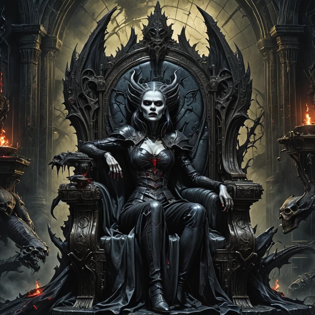 Vampire Queen on Throne in Alcohol Ink Sketch