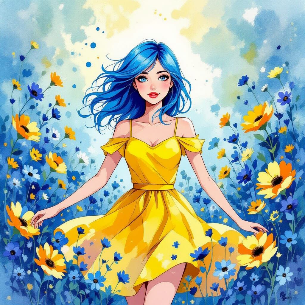 Blue-Haired Woman in Yellow Dress, Watercolor Style