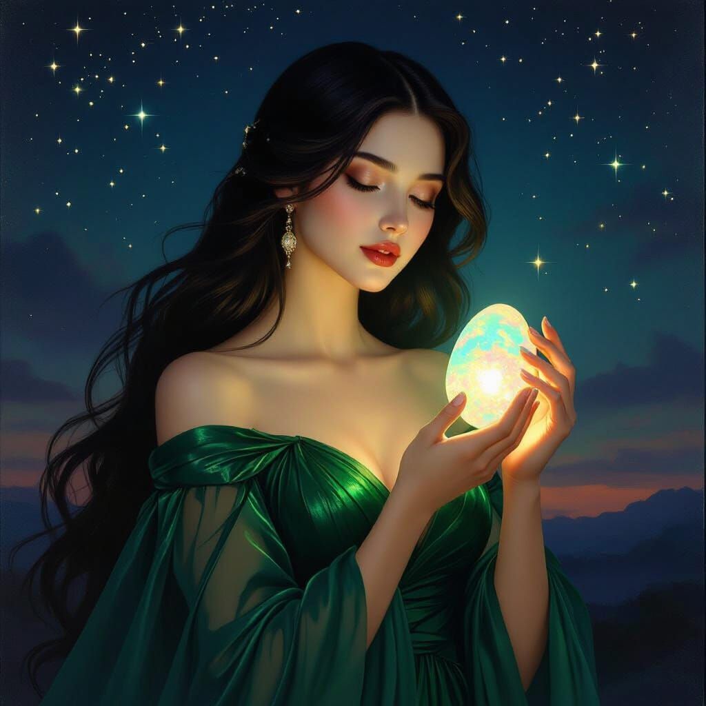 Elegant Lady with Luminous Opal in Twilight Sky