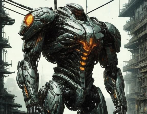 Armored Mecha on Battlefield in Industrial Futurism Style