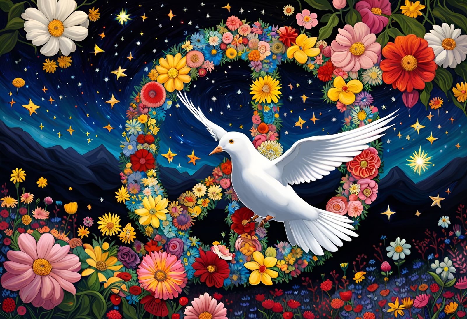 Dove, flowers and the peace symbol